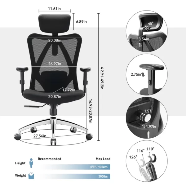 Our orthopedic office seat is made of  high-density sponge cushion, moderate hardness, ergonomic design, high-density polyester mesh, breathable, not easy to deform, and strong support. Sponge lumbar support can be adjusted back and forth, up and down.Adjustable headrest - made of PP material, can be rotated 45° and has a lift function to effectively support your head.PP Nylon armrest - it can be adjusted up and down to provide the best height for your arm, and the U-shaped cushion of the armrest effectively supports your arm. PU material does not damage the wooden floor, and slides to mute.