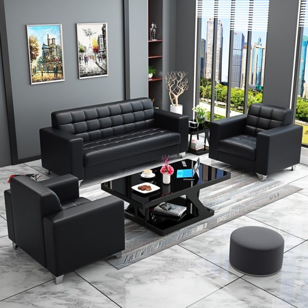 This sofa adds a few more spots to sit in your office reception area or the waiting room while bringing a sleek modern look to the space. It has a stainless steel stands with a chrome finish , The rest of the couch is wrapped in leather and polyurethane, and it comes in a hue that works best with your room's style and color palette. Foam-filled cushions provide plenty of padding, while square arms and tufted surfaces complete the design. Best of all, it's stain- and odor-resistant, so it stands up to regular use.