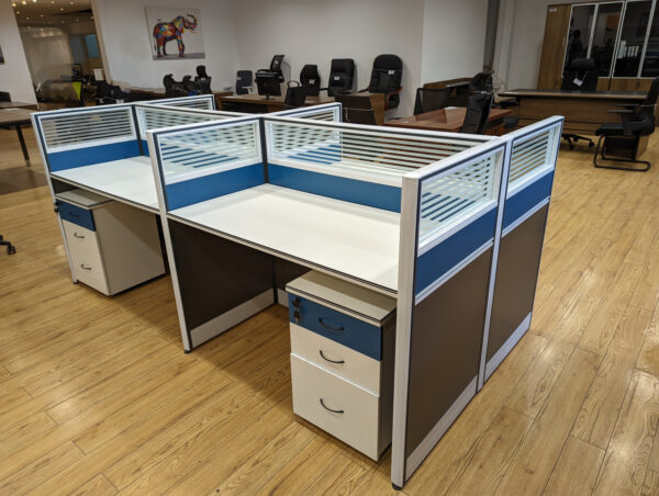 1-Way Office workstation, captain mesh office seat, executive visitors seat, 1.8m reception desk, electric height adjustable table