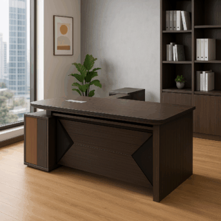 2.0m executive desk, ergonomic office seat ,2-link waiting bench, mahogany coat hanger, tosca visitors seat