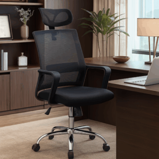 mesh seat, visitor seat, executive desk, filling cabinet, wooden credenza, pedestal. medium back seat, minimalistic desk