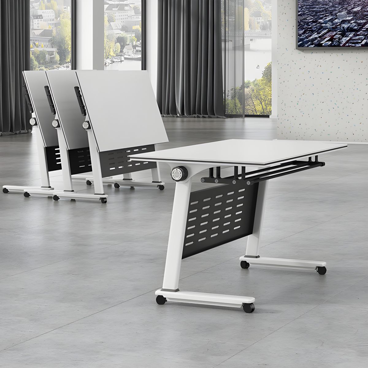 adjustable desk, pedestal, boardroom table, ergonomic seat, banquet seat, visitor seat, boardroom table, coat hanger, safe, credenza