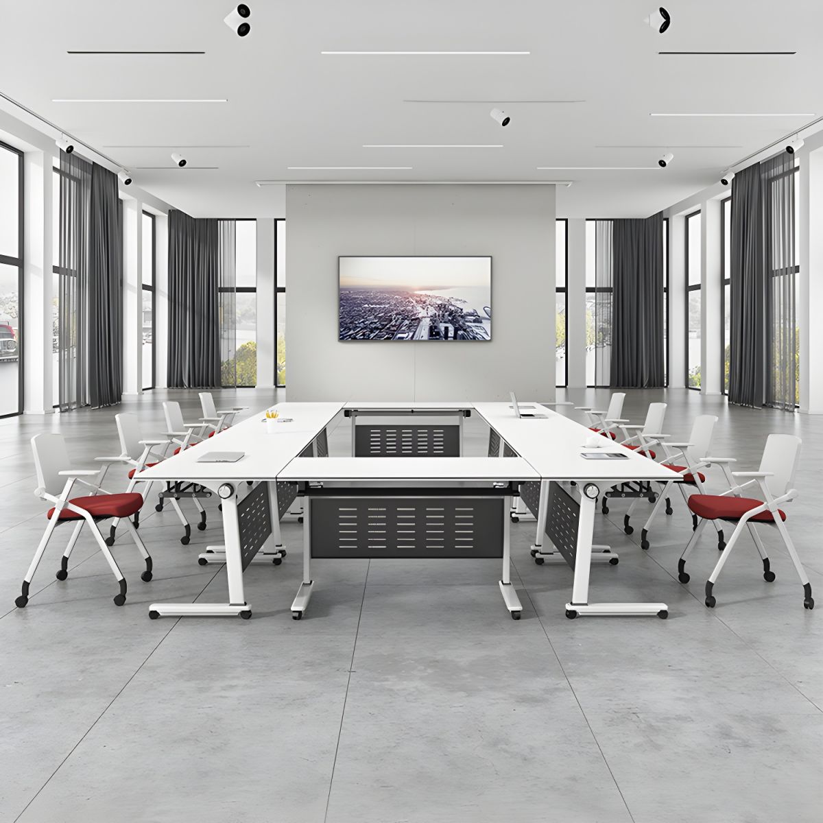 adjustable desk, pedestal, boardroom table, ergonomic seat, banquet seat, visitor seat, boardroom table, coat hanger, safe, credenza