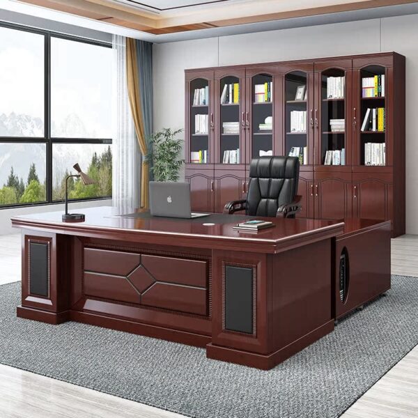 safe, credenza, workstation, visitor seat, wooden cabinet, waiting sofa, advanced desk, pedestal, round table