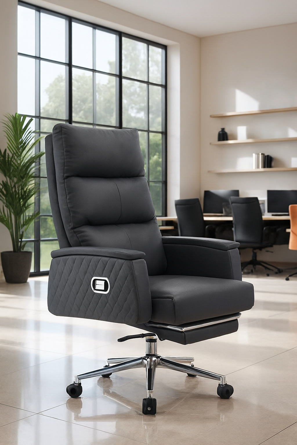 orthopedic seat, executive desk, visitor seat, safe, waiting sofa, conference seat, credenza, metallic cabinet, reception desk, boardroom table, office desk, Eames table