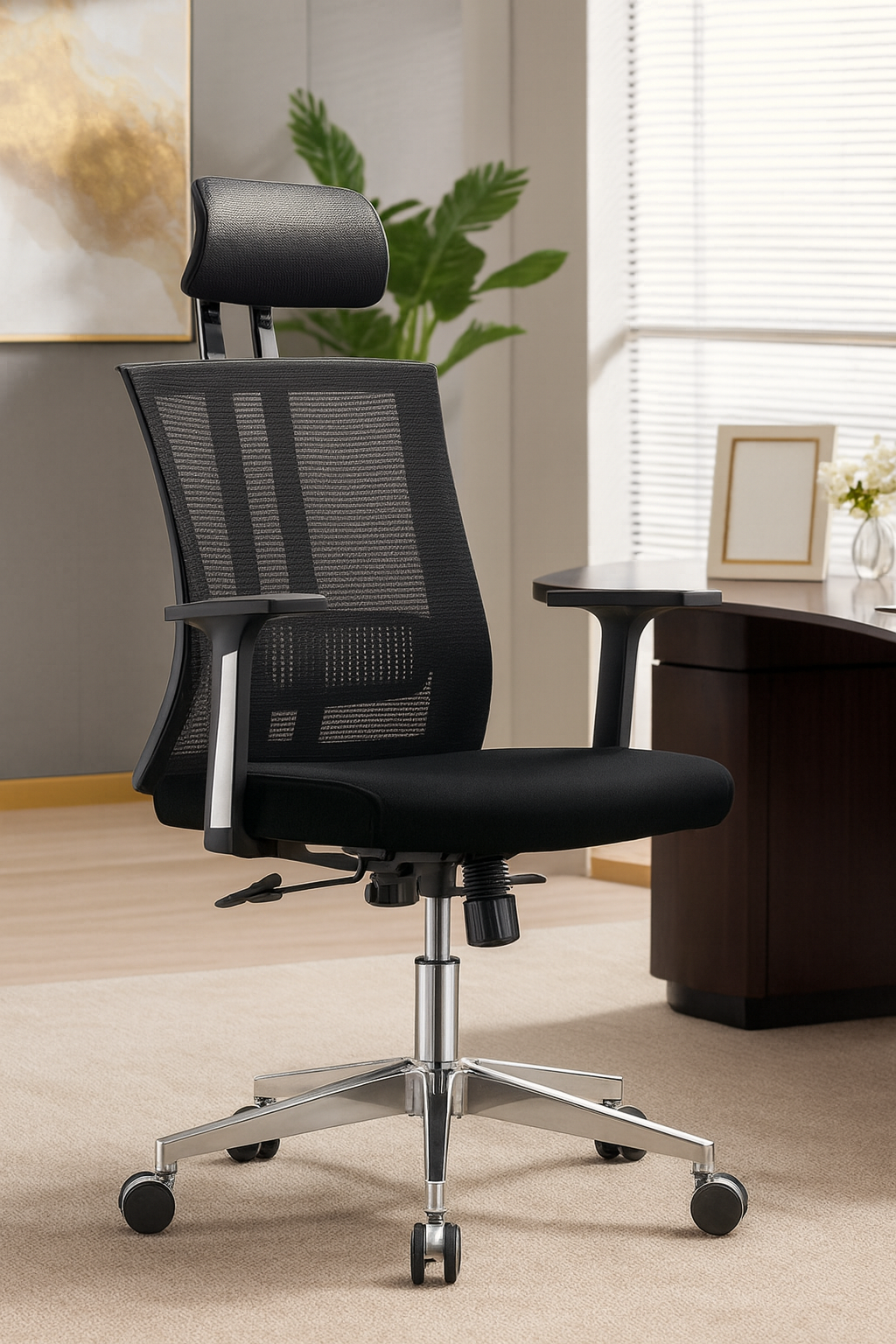 metallic cabinet, office desk, ergonomic seat, waiting sofa, coffee table, Eames table, meeting table, visitor seat