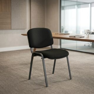 Armless Architectural Silhouette: Clean, space-saving profile allows unhindered movement and allows chairs to tuck neatly under any boardroom table. Contoured Ergonomic Support: Curved backrest supports natural spinal posture to keep attendees comfortable through long meetings and seminars. Plush Fabric Cushioning: Upholstered in high-density, wear-resistant black woven fabric designed for daily commercial use and easy maintenance. Heavy-Duty Steel Four-Leg Base: Powder-coated tubular steel frame provides exceptional load-bearing stability and long-lasting durability. Protective Floor Glides: Leg bases are fitted with non-marking glides to protect hardwood, tile, and commercial carpet from scuffs and scratches.