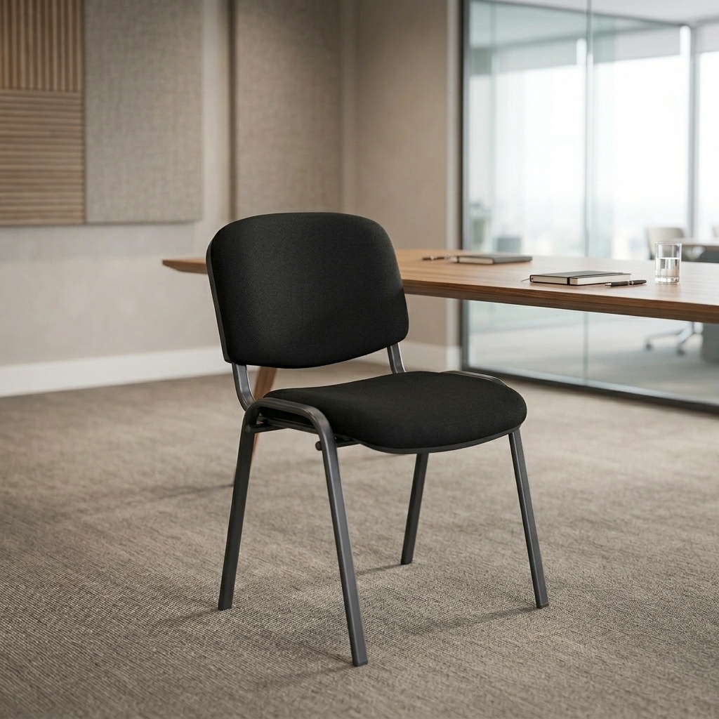 Armless Architectural Silhouette: Clean, space-saving profile allows unhindered movement and allows chairs to tuck neatly under any boardroom table. Contoured Ergonomic Support: Curved backrest supports natural spinal posture to keep attendees comfortable through long meetings and seminars. Plush Fabric Cushioning: Upholstered in high-density, wear-resistant black woven fabric designed for daily commercial use and easy maintenance. Heavy-Duty Steel Four-Leg Base: Powder-coated tubular steel frame provides exceptional load-bearing stability and long-lasting durability. Protective Floor Glides: Leg bases are fitted with non-marking glides to protect hardwood, tile, and commercial carpet from scuffs and scratches.