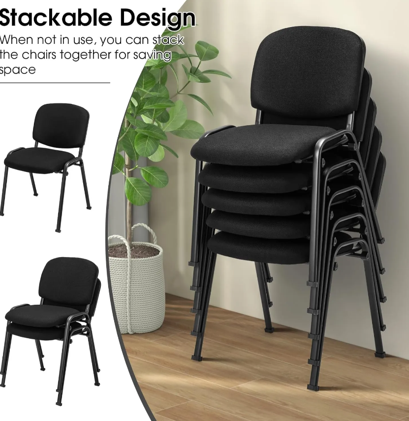 Armless Architectural Silhouette: Clean, space-saving profile allows unhindered movement and allows chairs to tuck neatly under any boardroom table. Contoured Ergonomic Support: Curved backrest supports natural spinal posture to keep attendees comfortable through long meetings and seminars. Plush Fabric Cushioning: Upholstered in high-density, wear-resistant black woven fabric designed for daily commercial use and easy maintenance. Heavy-Duty Steel Four-Leg Base: Powder-coated tubular steel frame provides exceptional load-bearing stability and long-lasting durability. Protective Floor Glides: Leg bases are fitted with non-marking glides to protect hardwood, tile, and commercial carpet from scuffs and scratches.