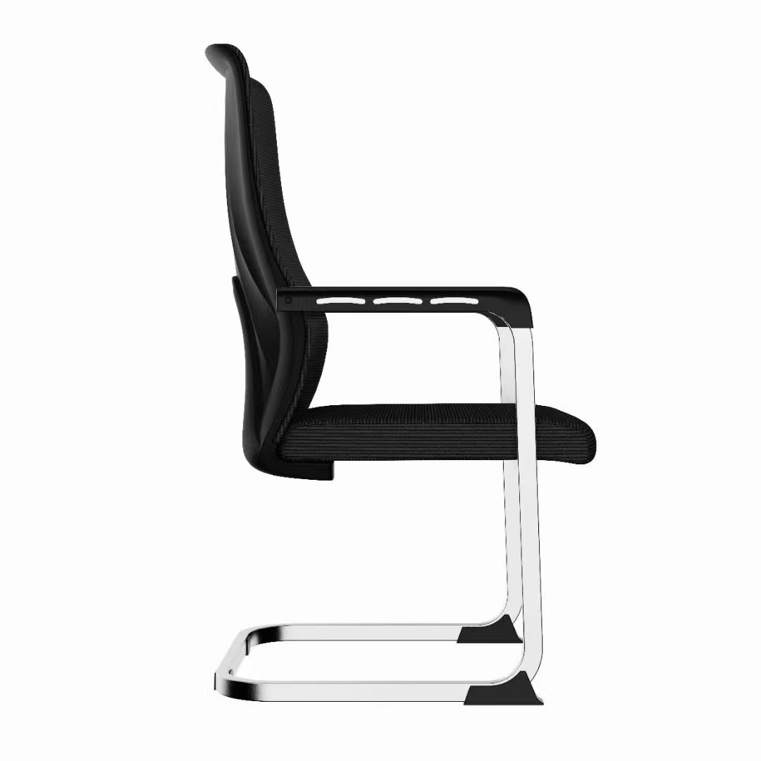 High-Tension Breathable Mesh: Premium black mesh backrest optimizes airflow and temperature control to keep guests comfortable throughout extended meetings. Sculpted Y-Frame Spine & Crimson Accent: Structural rear Y-frame distributes back weight evenly, highlighted by a signature red lumbar detail for a refined modern look. Polished Chrome Cantilever Sled Base: Continuous tubular chrome base provides gentle, ergonomic flex while offering structural weight distribution. Integrated Fixed Armrests: Sleek metallic arm frames equipped with textured black arm pads provide firm elbow and forearm support. Protective Non-Slip Floor Glides: Heavy-duty black glides along the chrome sled frame stabilize the chair and prevent scratching on marble, tile, or hardwood floors.