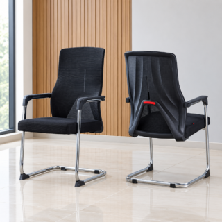 High-Tension Breathable Mesh: Premium black mesh backrest optimizes airflow and temperature control to keep guests comfortable throughout extended meetings. Sculpted Y-Frame Spine & Crimson Accent: Structural rear Y-frame distributes back weight evenly, highlighted by a signature red lumbar detail for a refined modern look. Polished Chrome Cantilever Sled Base: Continuous tubular chrome base provides gentle, ergonomic flex while offering structural weight distribution. Integrated Fixed Armrests: Sleek metallic arm frames equipped with textured black arm pads provide firm elbow and forearm support. Protective Non-Slip Floor Glides: Heavy-duty black glides along the chrome sled frame stabilize the chair and prevent scratching on marble, tile, or hardwood floors.