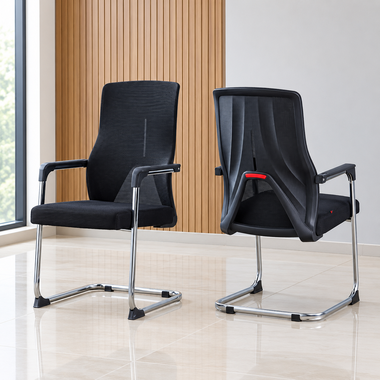 High-Tension Breathable Mesh: Premium black mesh backrest optimizes airflow and temperature control to keep guests comfortable throughout extended meetings. Sculpted Y-Frame Spine & Crimson Accent: Structural rear Y-frame distributes back weight evenly, highlighted by a signature red lumbar detail for a refined modern look. Polished Chrome Cantilever Sled Base: Continuous tubular chrome base provides gentle, ergonomic flex while offering structural weight distribution. Integrated Fixed Armrests: Sleek metallic arm frames equipped with textured black arm pads provide firm elbow and forearm support. Protective Non-Slip Floor Glides: Heavy-duty black glides along the chrome sled frame stabilize the chair and prevent scratching on marble, tile, or hardwood floors.